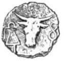 Tanit, Bull Head, Baal Hammon -- Terra-Cotta token found by Delattre c. 1890